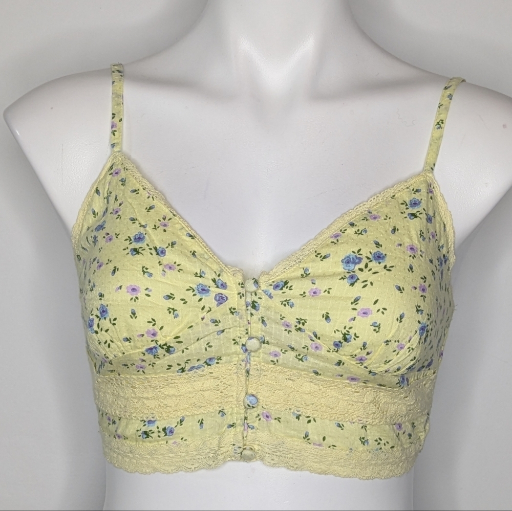 Aeropostale Yellow Purple Blue Ditsy Floral Lace V Neck Bralette Crop Top S
